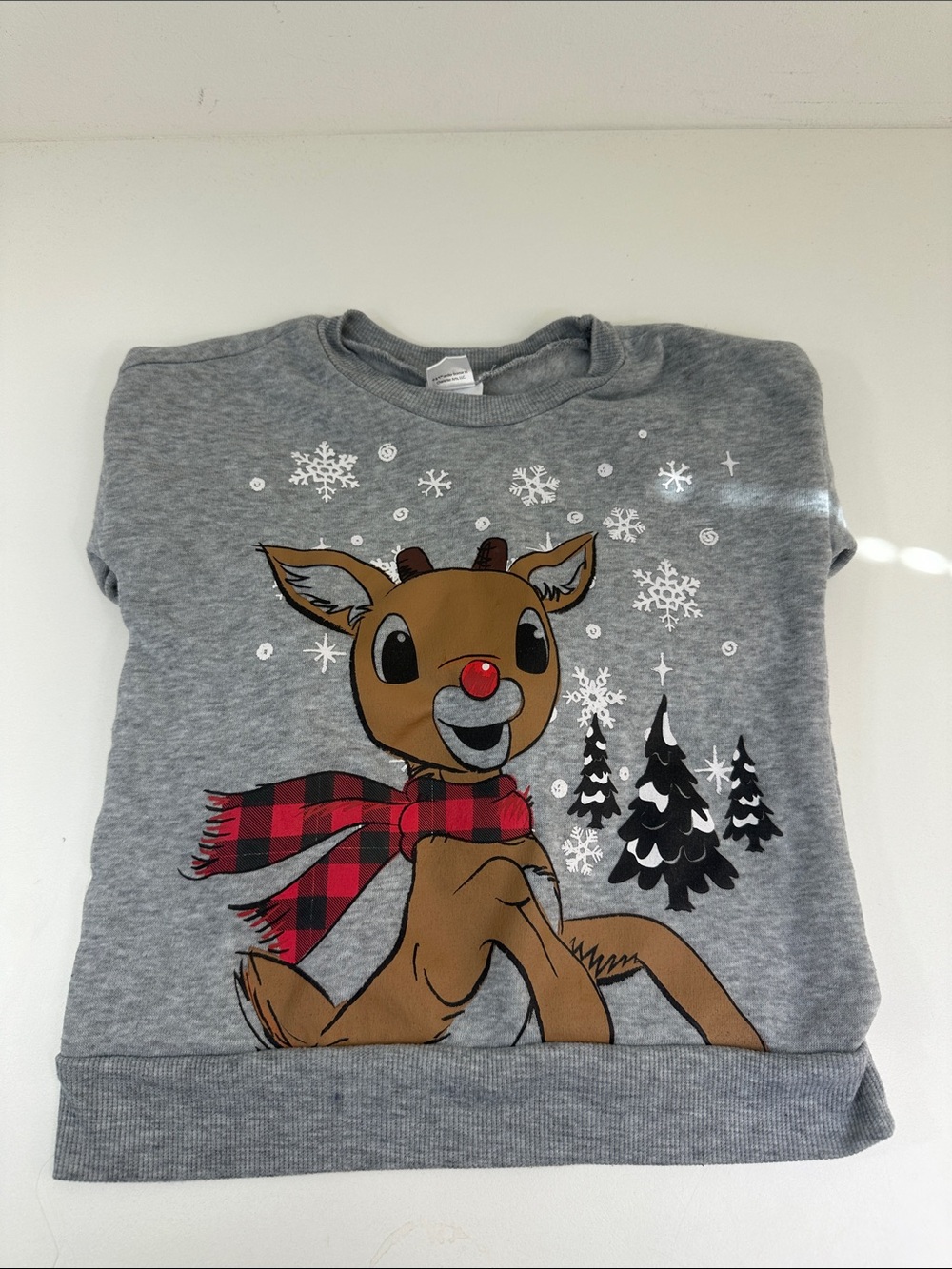 Kids Grey Rudolph Reindeer Sweatshirt with Red Plaid Scarf Toddlers Size 4T